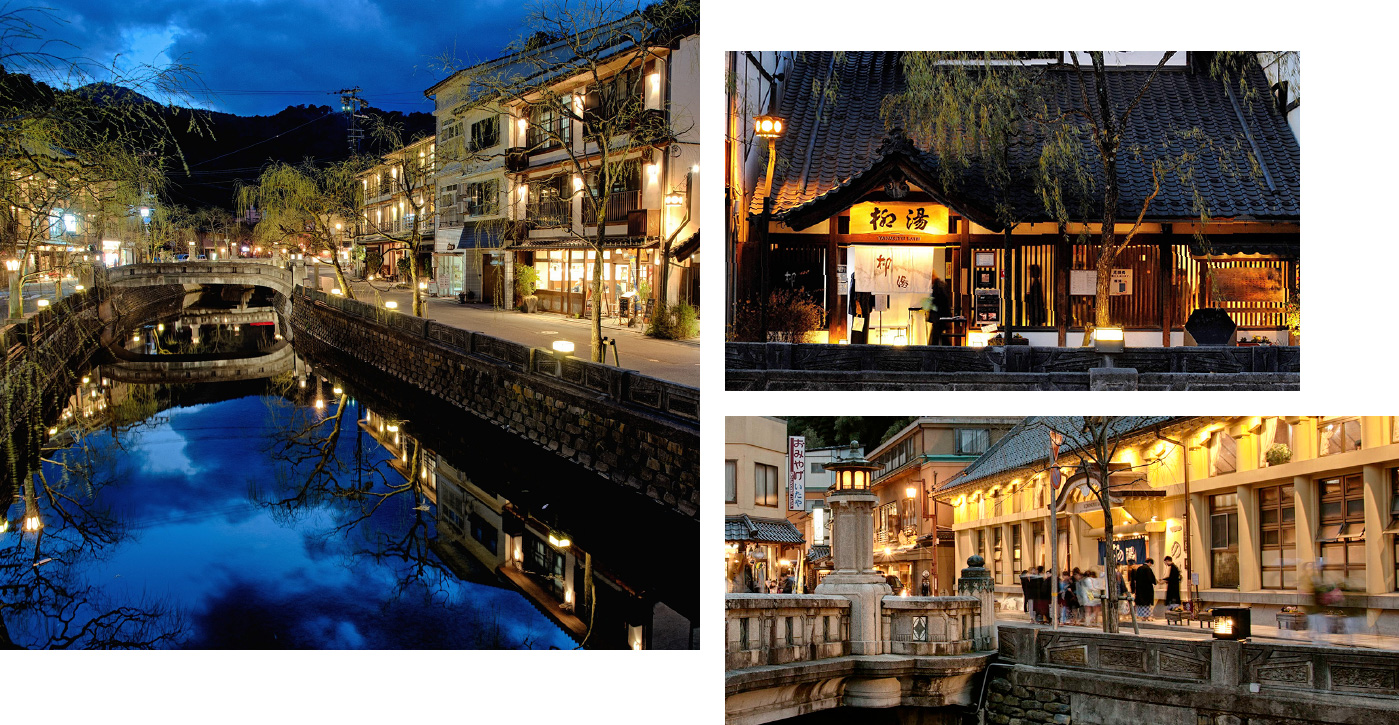 Three photos. One overlooking the willow-lined Kinosaki river, one of the front of Yanagi-yu onsen, and one of the hustle and bustle of the streets of Kinosaki outside Ichinoyu Onsen. All three photos are nighttime shots