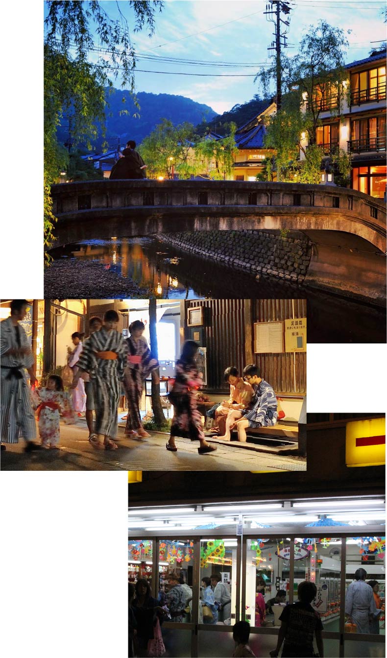 Three pictures: a stone bridge over the willow-lined Kinosaki river, people in colorful Yukata strolling the streets of Kinosaki, and crowds of people in colorful Yukata inside an old-fashioned Showa-style arcade