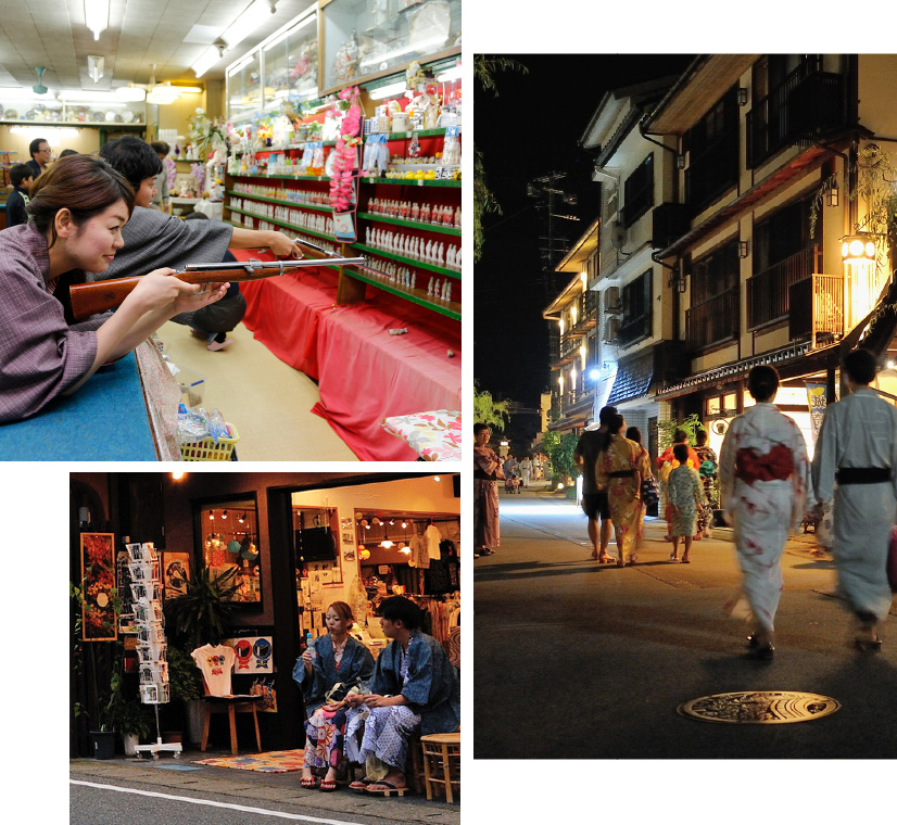 Three photos: a woman target shooting at a nostalgic Showa-era arcade, A couple sitting on a bench in Yukata drinking Ramune, and a nightime shot of droves of people strolling the Kinosaki Onsen streets in their Yukata