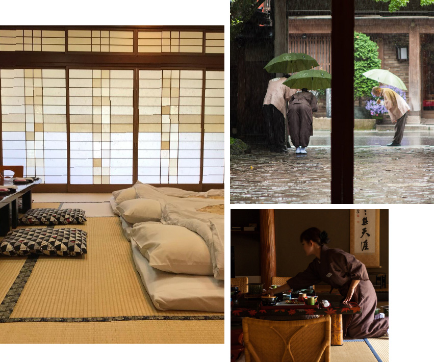 Three photos: 3 futons laying on the tatami floors of a ryokan room, ryokan staff bowing in farewell to leaving customers at the ryokan exit, and ryokan stuff cleaning up a meal after customers have eaten