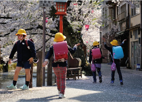 Japanese Elementary school children playing in the sakura blossoms as they walk to school along the cherry blossom lined riverside of Kiyomachi street.
