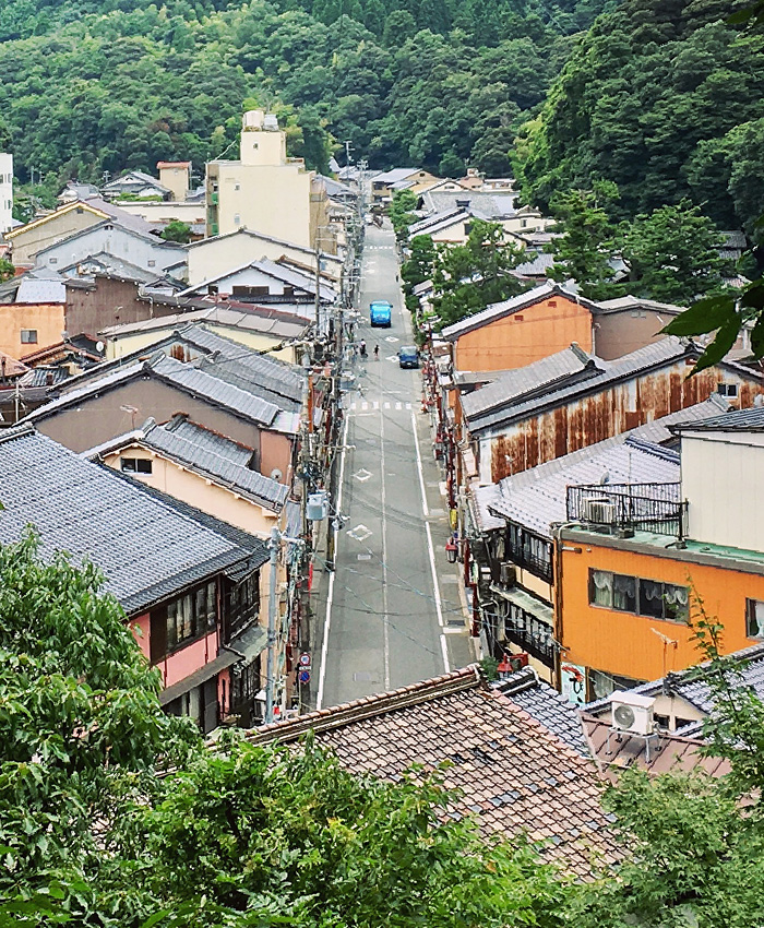 An aerial shot of one of Kinosaki Onsen's main streets