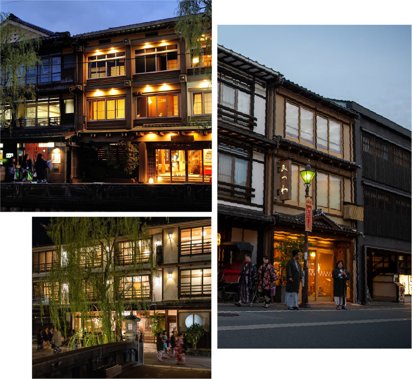 Three pictures of 3 ryokan and their exteriors