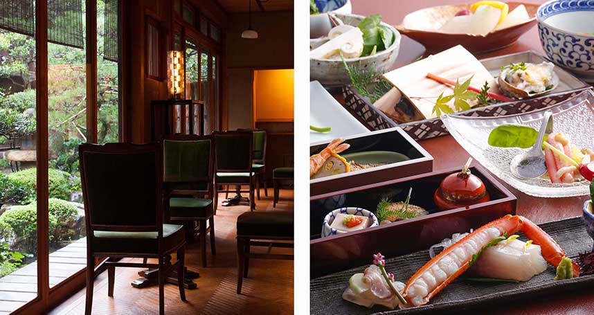 A picture of Nishimuraya Honkan lobby and a Kaiseki-style dish