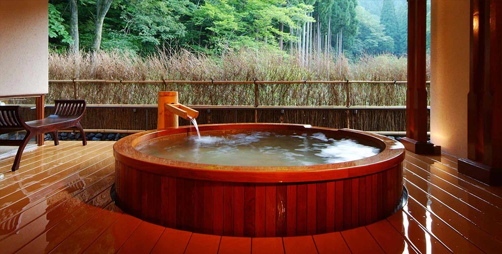 A picture of a private onsen bath with forest view