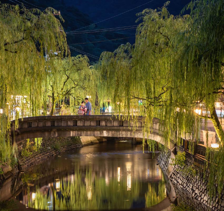 The willow lined river of Kinosaki Onsen town. A stone bridge straddles the river