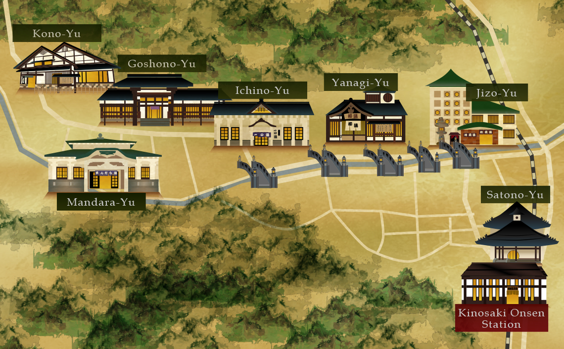 map of the onsen and town of Kinosaki